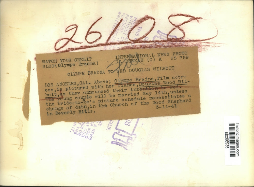 1941 Press Photo Actress Olympe Bradna and fiance Douglas Wood Wilhoit