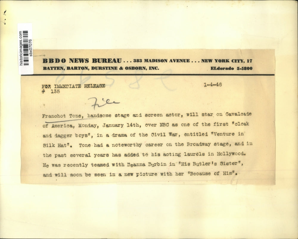 1946 Press Photo Actor Franchot Tone Stars on Cavalcade of America over NBC