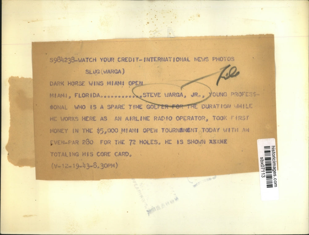 1943 Press Photo Golfer Steve Warga Jr. Won Miami Open Tournament - sbx07113