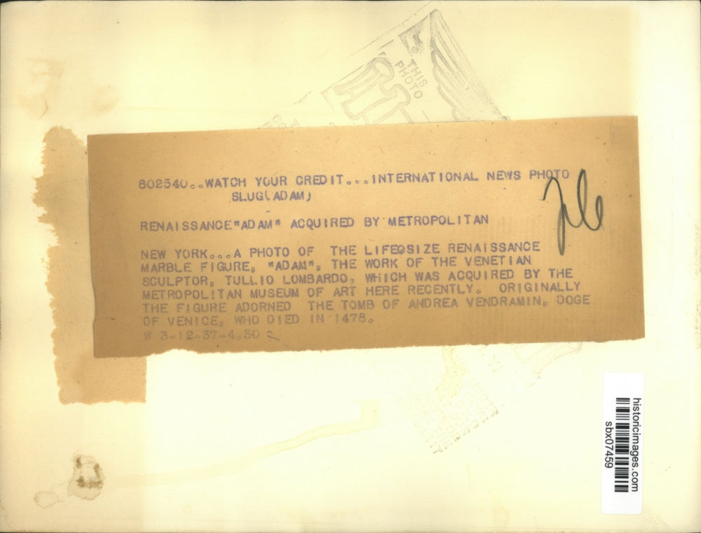 1937 Press Photo Lifesize Renaissance marble figure of Adam, by Tullio Lombardo