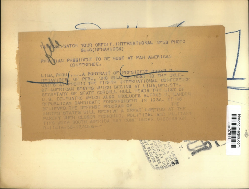 1938 Press Photo Lima Peru President Oscar Benvides to host conference