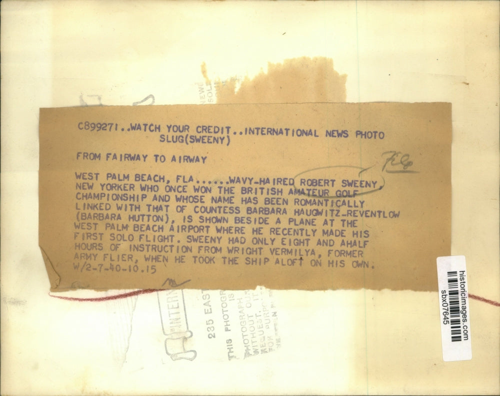 1940 Press Photo Robert Sweeny Takes Solo Flight from West Palm Beach Airport