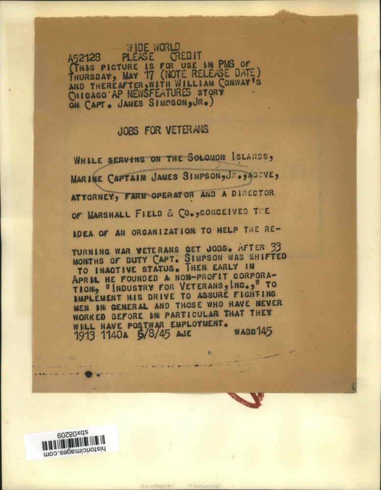 1945 Press Photo U.S Marine Capt.James Simpson Jr.Director of Marshal Field & Co