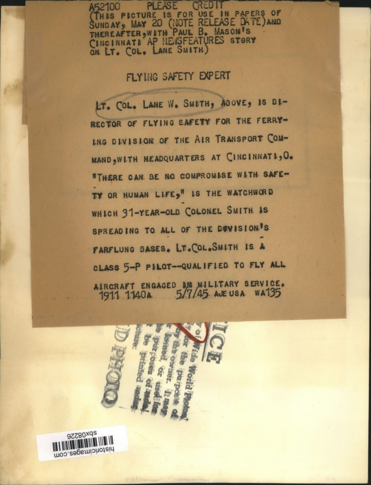 1945 Press Photo Lt.Col.Lane W. Smith Chie of Flying Safety for Ferrying at Ohio