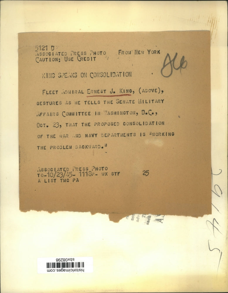 1945 Press Photo Admiral Ernest King Testifying in Senate Military Committee