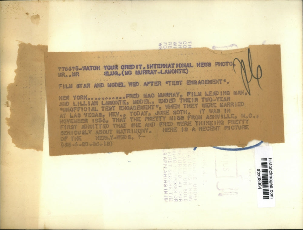 1936 Press Photo Fred MacMurray & Lillian Lamonte model after wedding