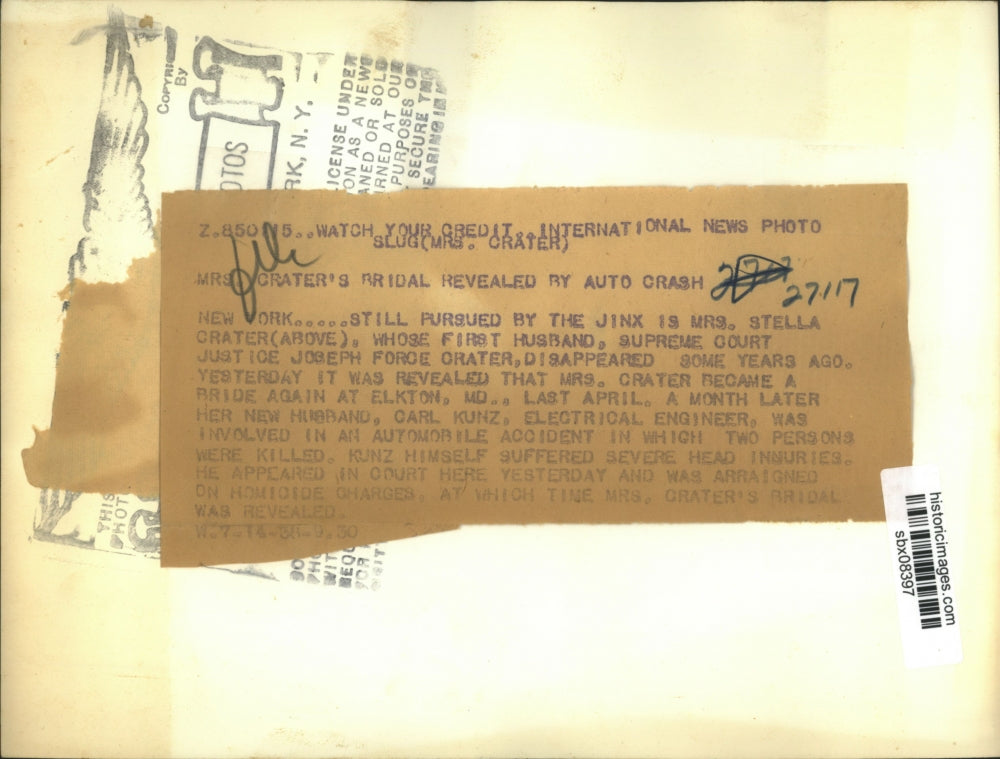 1938 Press Photo Stella Crater Remarried to Carl Kunz in Elkton, Maryland