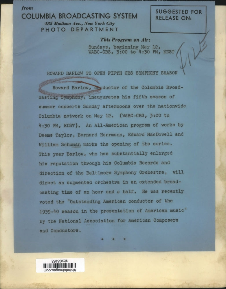 1940 Press Photo Howard Barlow, Conductor of CBS Symphony - sbx08463