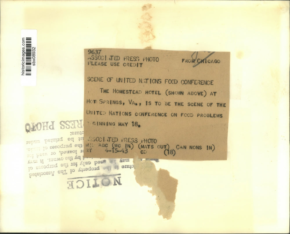 1943 Press Photo The Homestead Hotel At Ho Springs Virginia - sbx08932