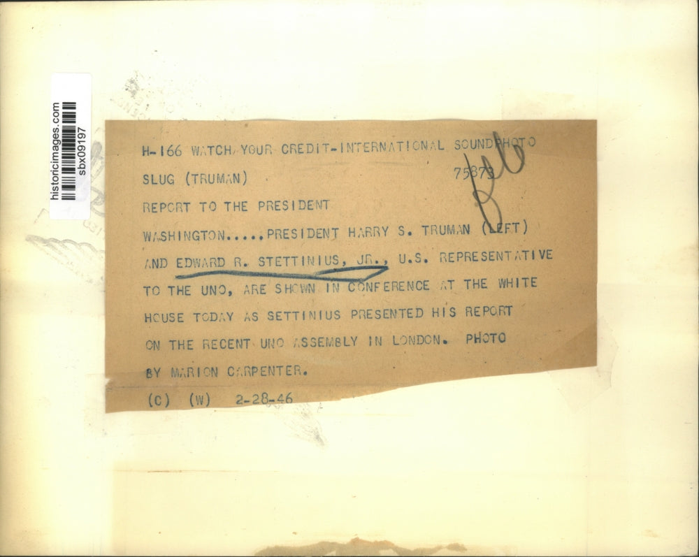1946 Press Photo Pres. Harry S. Truman & Edward R. Stettiniuys, Jr at conference