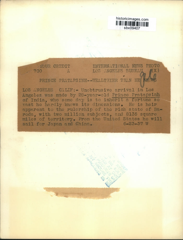 1937 Press Photo Prince Pratapsinh of India Arrives in Los Angeles, California