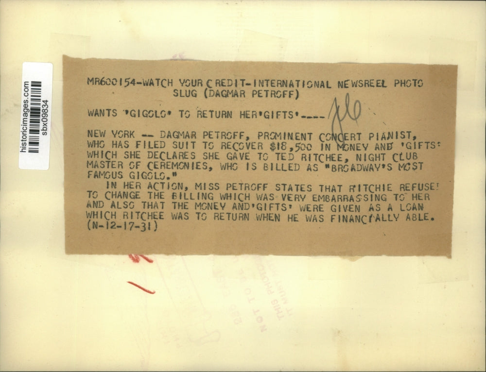 1931 Press Photo Pianist Dagmar Patroff Sues Ted Ritchee for Gift Reimbursement