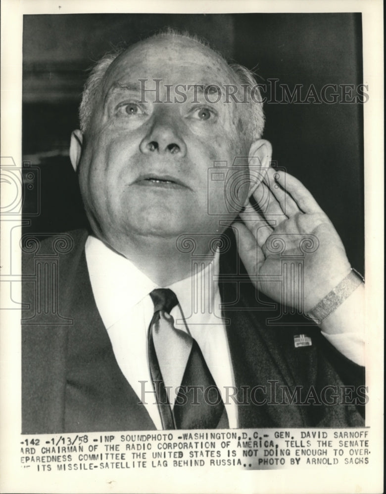 1958 Press Photo General David Sarnoff in Senate Preparedness Committee