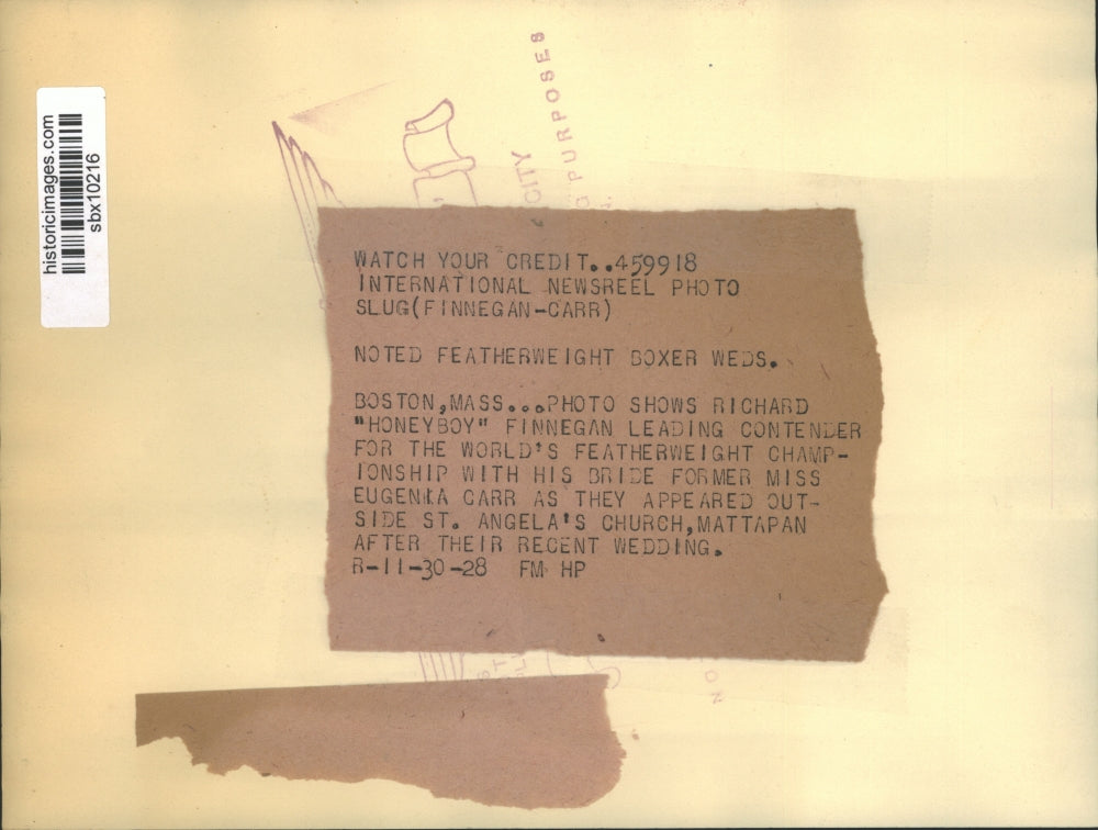 1928 Press Photo Featherweight Champion Richard Finnegan and bride Eugenia Carr