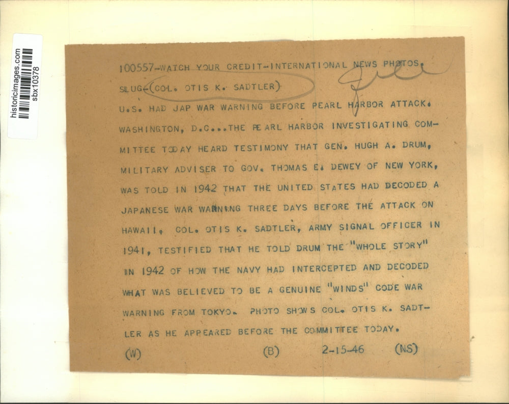 1946 Press Photo Colonel Otis Sadtler in Pearl Harbor Investigating Committee