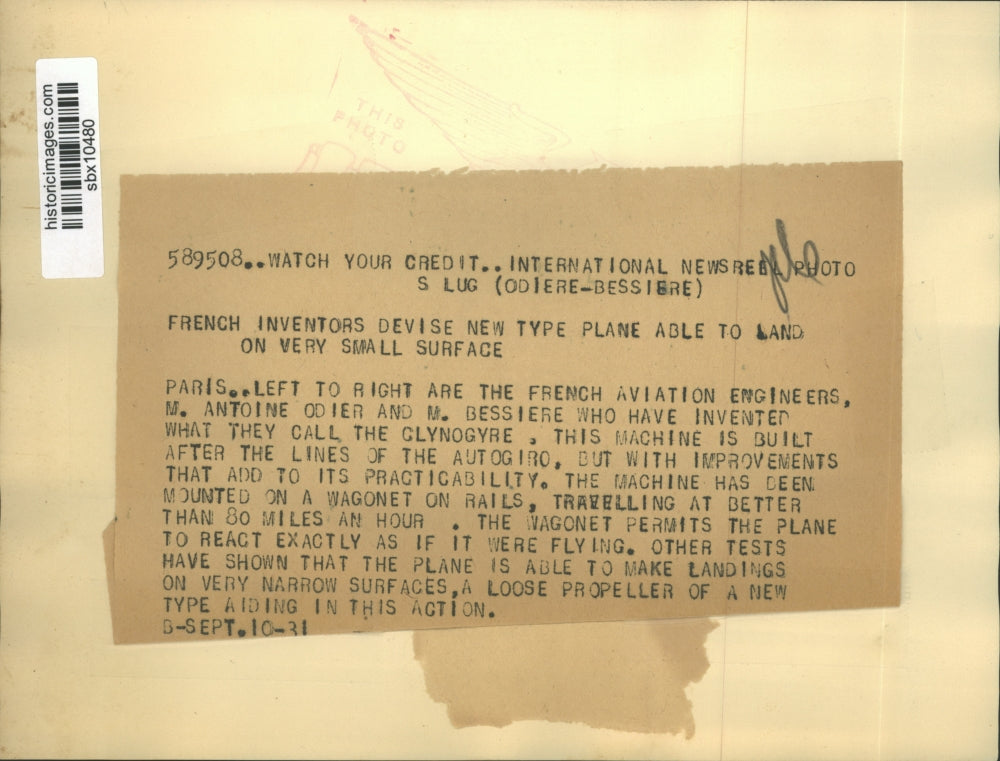 1931 Press Photo French Aviation Engineers M. Antoine Odier and M.Bessiere