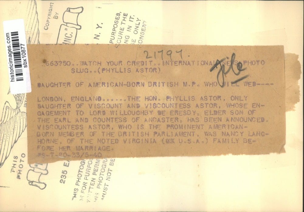 1933 Press Photo The Hon. Phyllis Astor Is Engaged To Lord Willoughby De Eresby