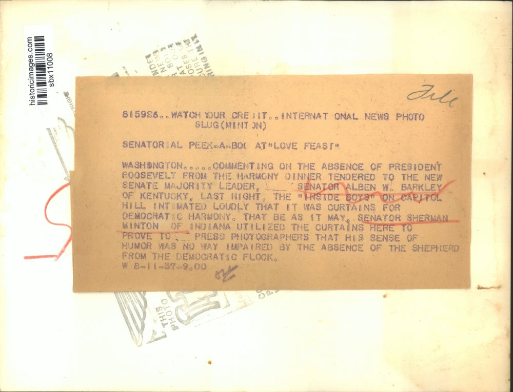 1937 Press Photo Senator Alben Barkley Peek A Boo at Love Feast in Washington