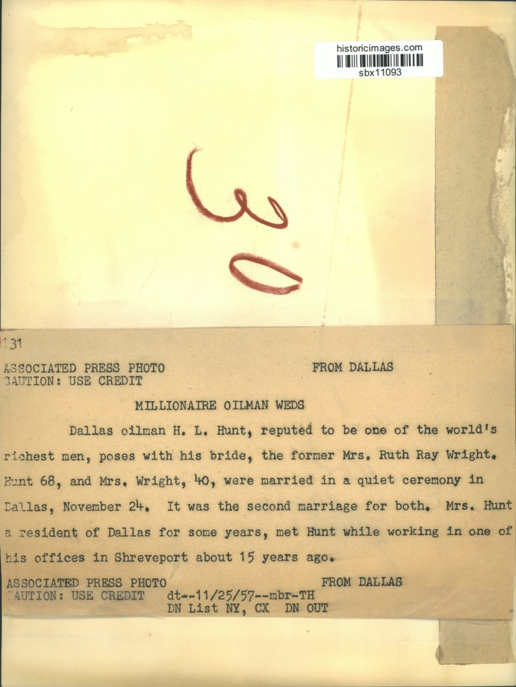 1957 Press Photo Dallas Oilman H.L. Hunt and his bride Ruth Ray Wright