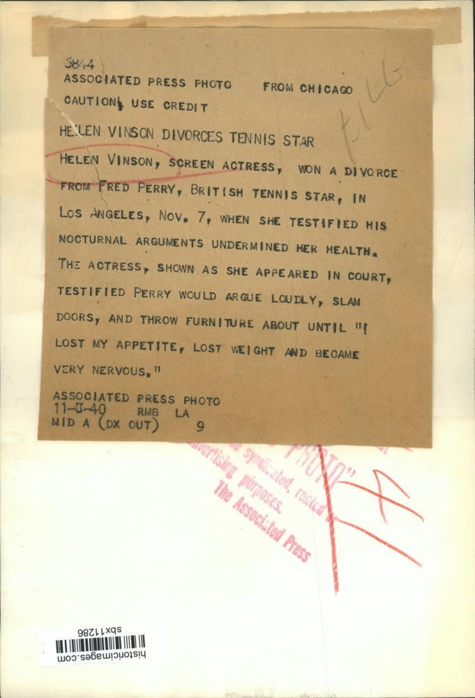 1940 Press Photo Actress Helen Vinson Divorces Fred Perry in Los Angeles