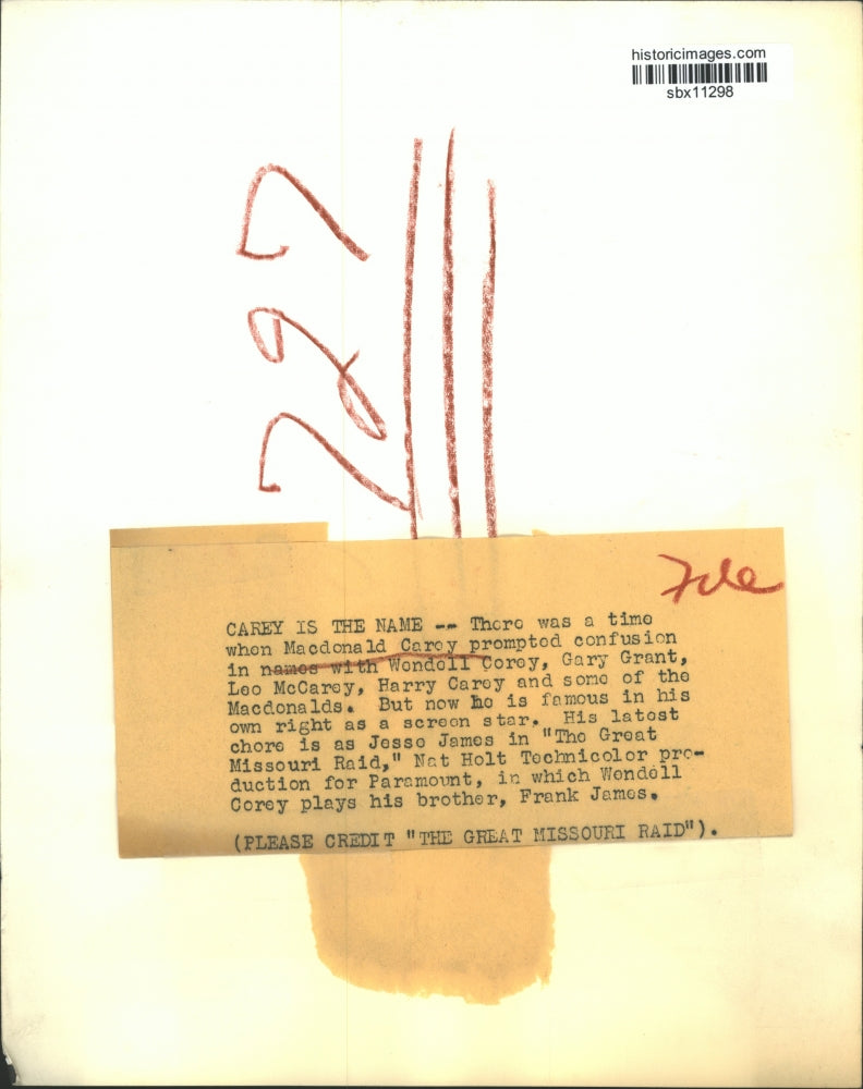 Press Photo Actor MacDonald Carey for "The Great Missouri Raid" Movie