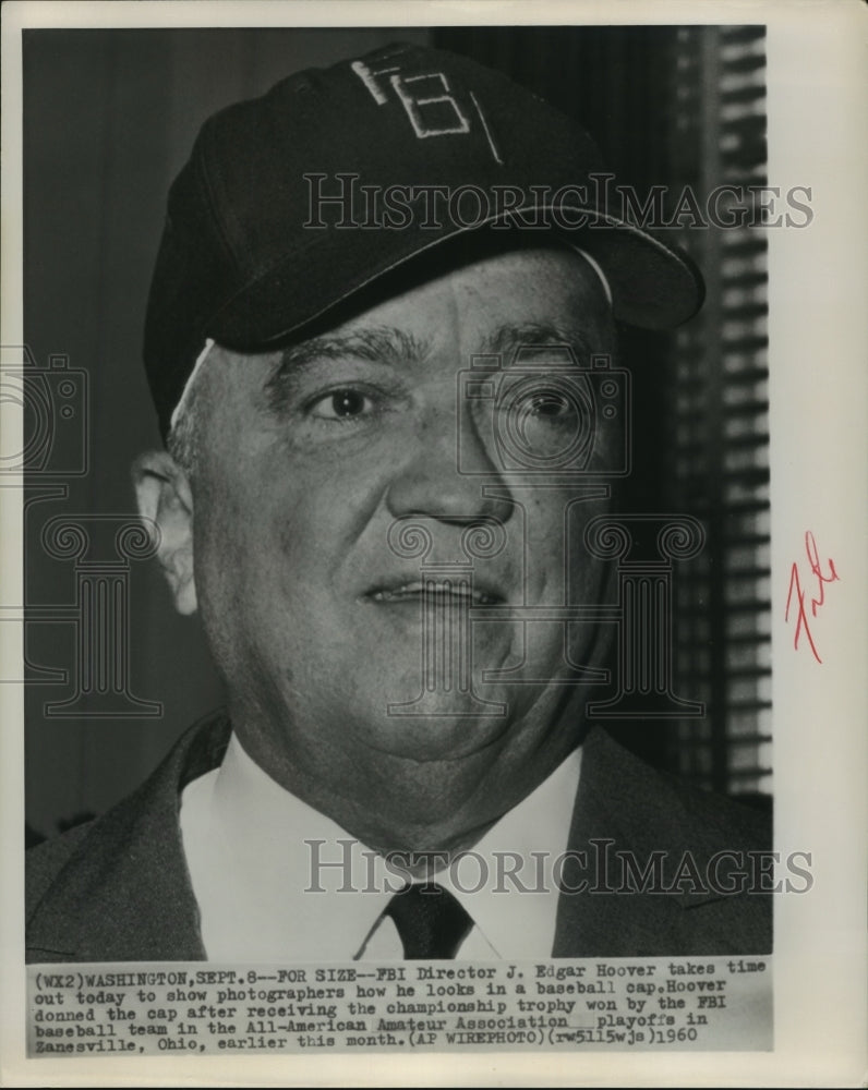 1960 Press Photo FBI Director J. Edgar Hoover ins a baseball Cap