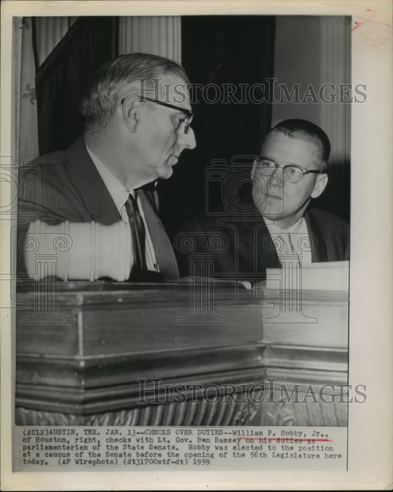 1959 Press Photo William Hobby Talks with Governor Ben Ramsey About Duties