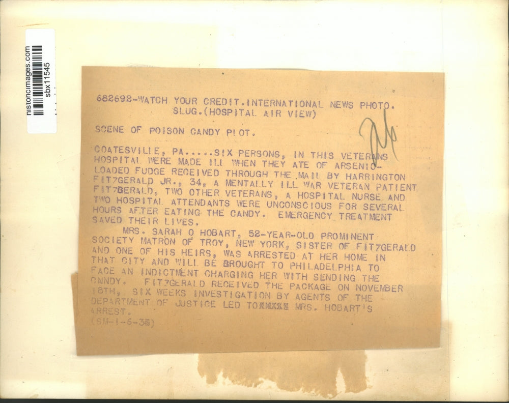 1938 Press Photo Hospital in Coastvilie Pa. where Poison candy Plot was mailed