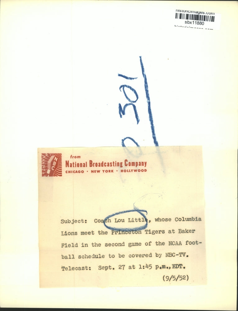 1952 Press Photo Cch Lou Little of Columbia Lions Football - sbx11880
