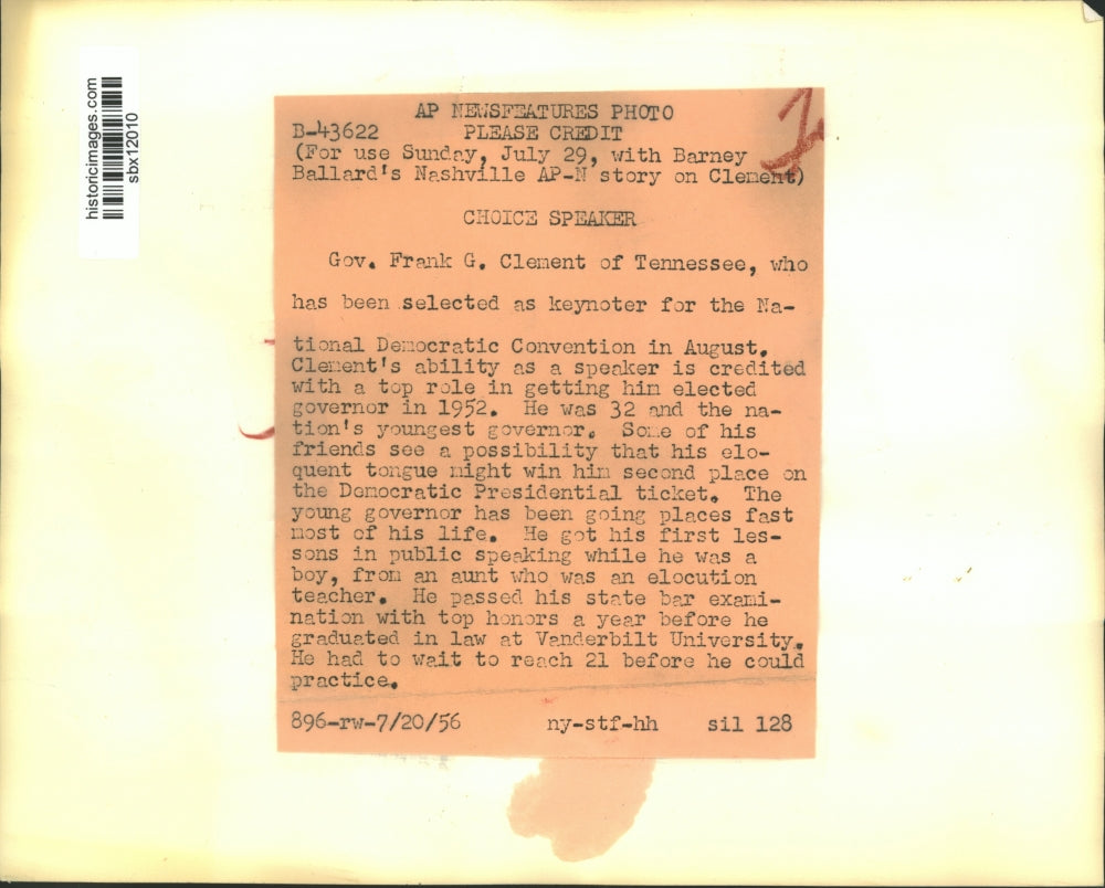 1956 Press Photo Governor Frank Clement Speaks at the Democratic Convention