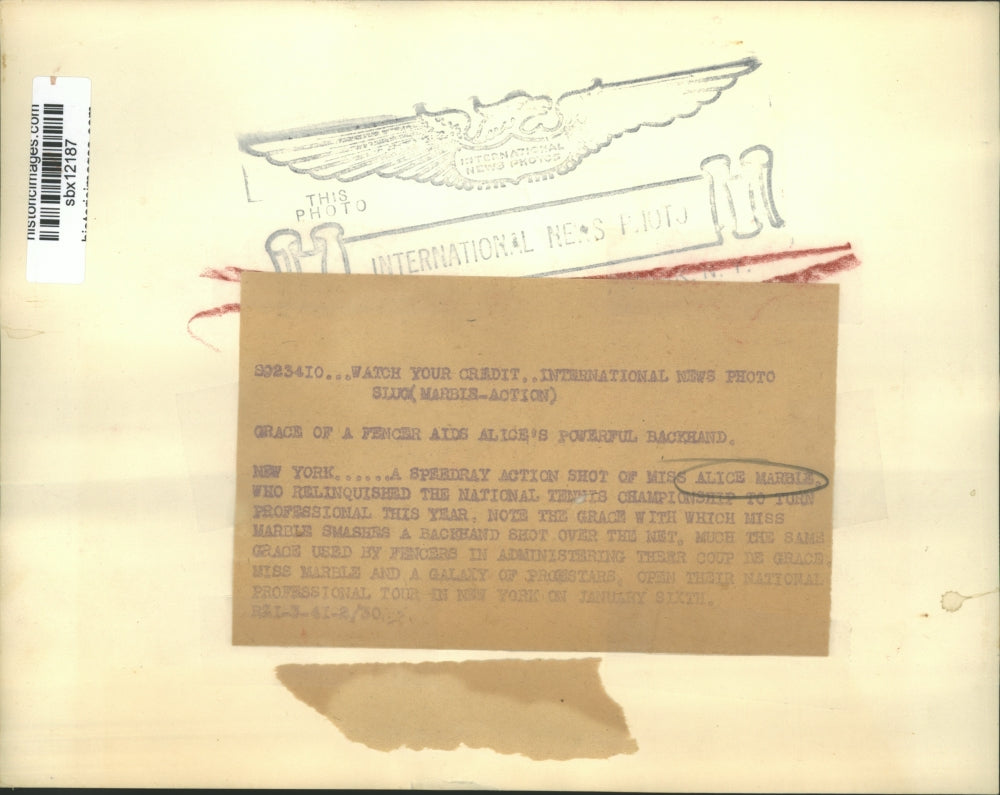 1941 Press Photo Alice Marble in tennis action at New York does a backhand