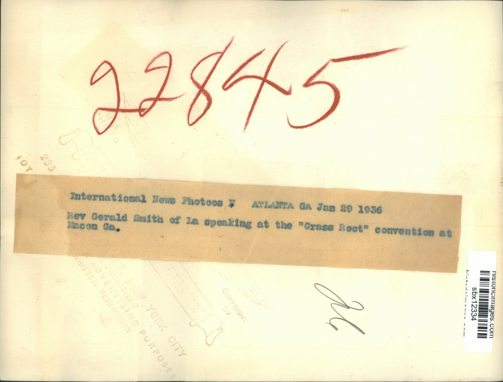 1936 Press Photo Rev.Gerald Smith speak at the Grass Root Convention at Macon Ga