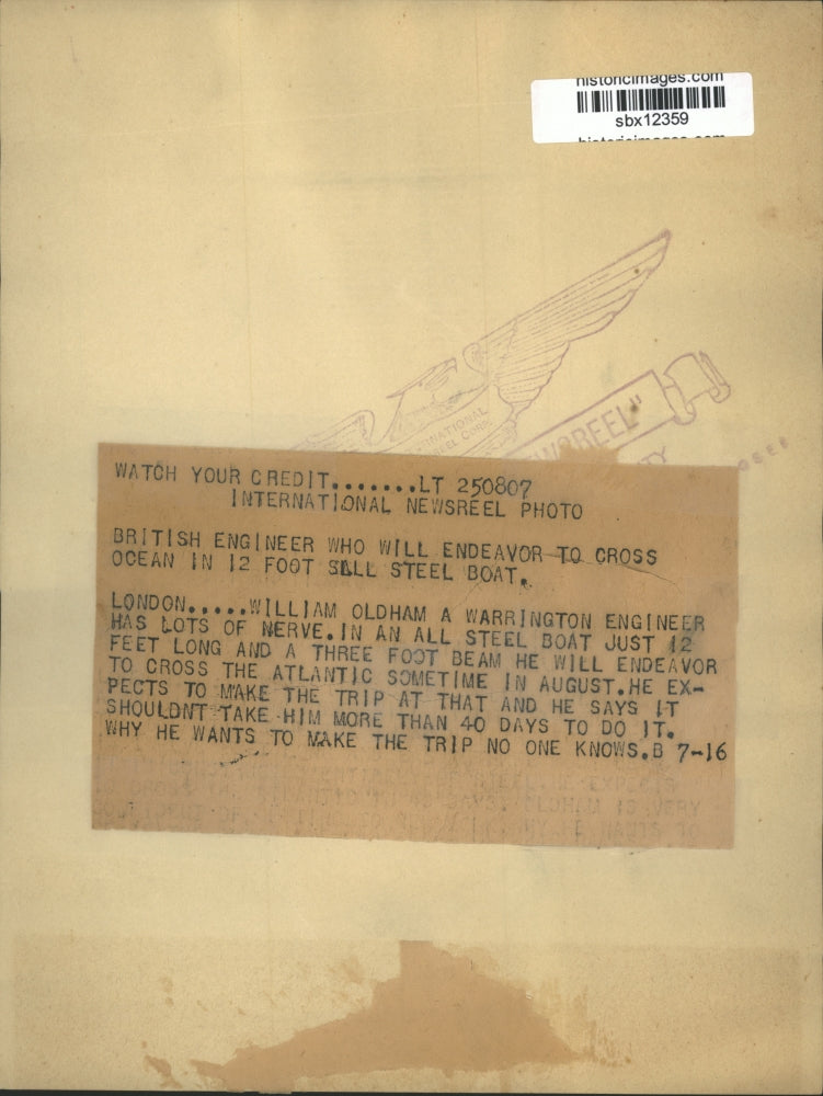 Press Photo William Oldham British engineer to cross ocean ion 12 foot boat