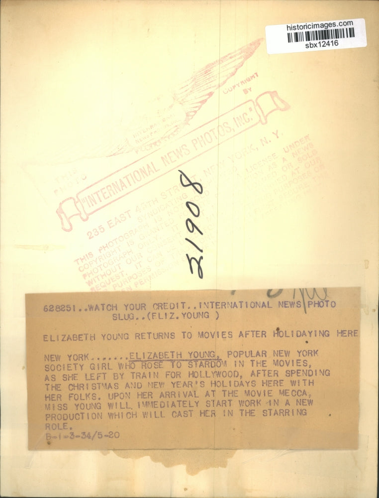 1934 Press Photo Elizabeth Young N.Y. Society Girl left by train for Hollywood