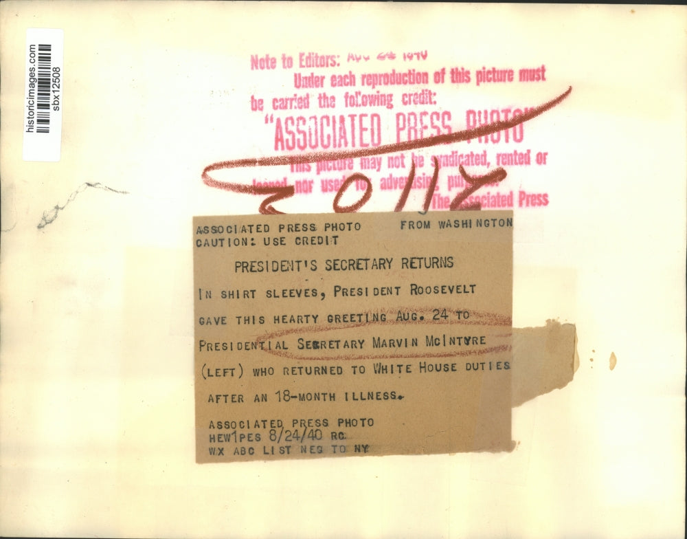 1940 Press Photo President Roosevelt Greets Secretary Marvin McIntyre