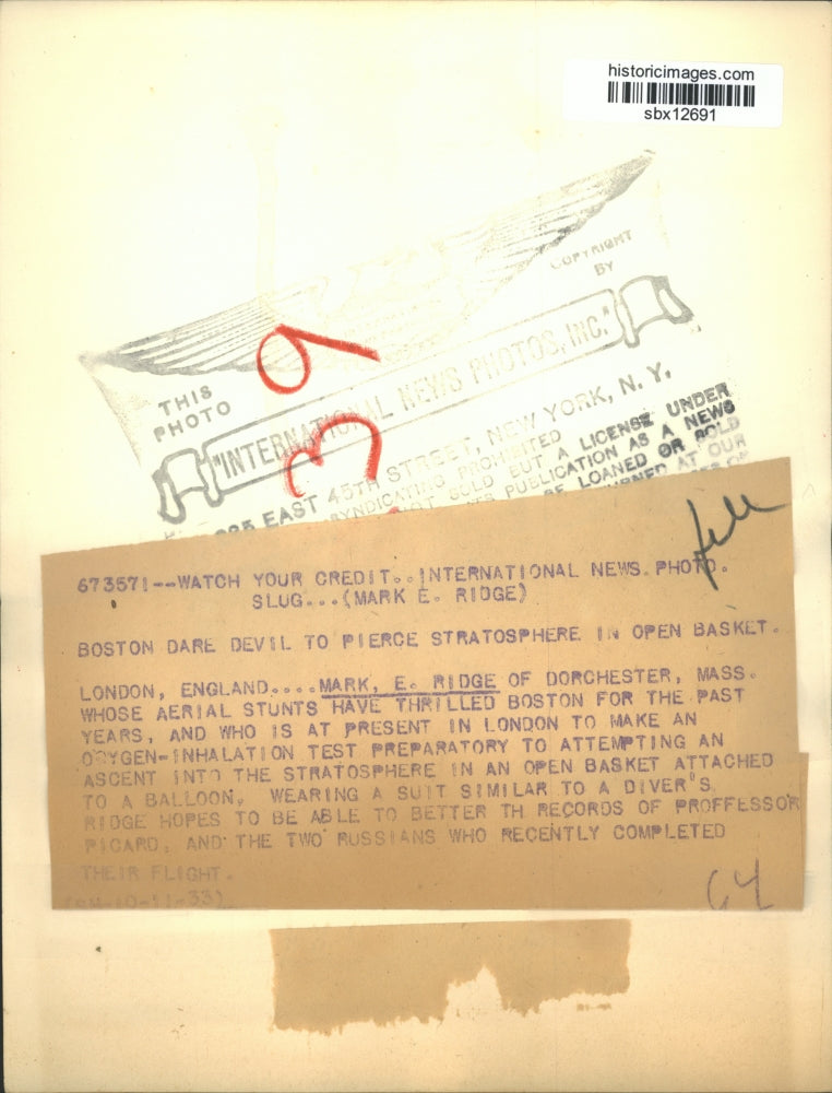 1933 Press Photo Mark Ridge Aerial Stunts Have Thrilled Boston For Many Years