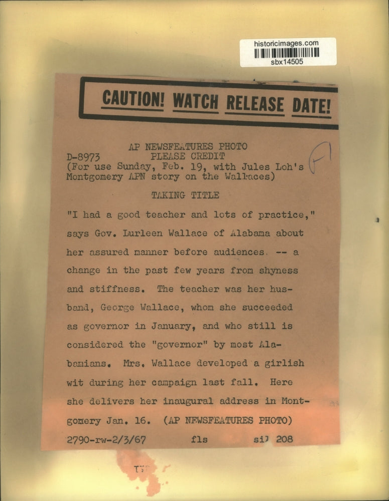 1967 Press Photo Gov Lurleen Wallace Assures Her Manner Before Auciences