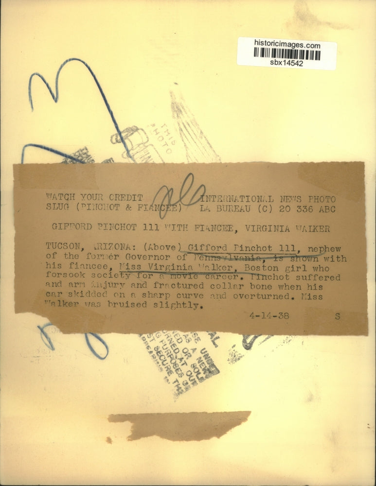 1938 Press Photo Gifford Pinchot, III, & Virginia Walker injured in Car Accident