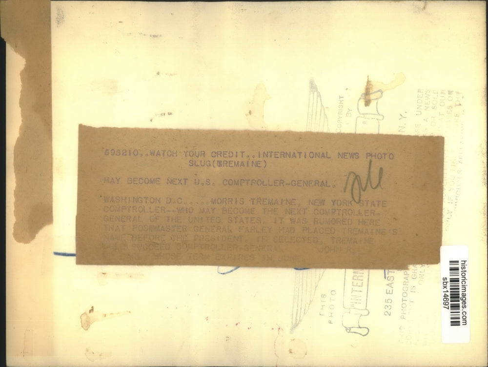 Press Photo Morris Tremaine NY State Comptroller May Become Next Comptroller