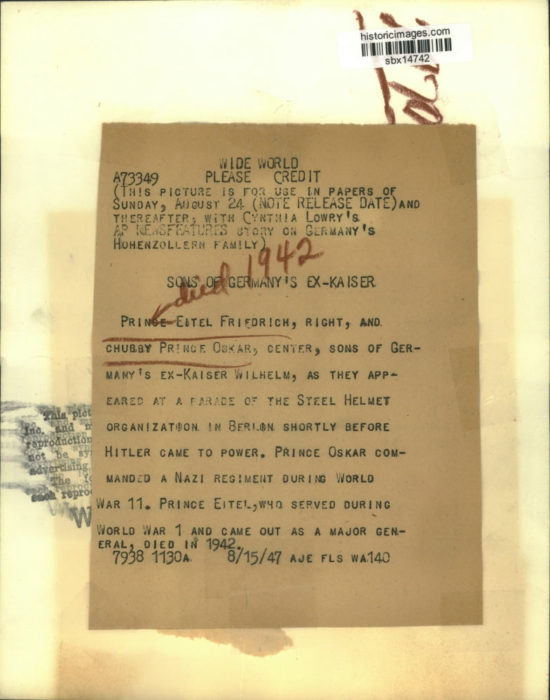 1947 Press Photo Prince Eitel Friedrich & Prince Oskar Appear at Parade