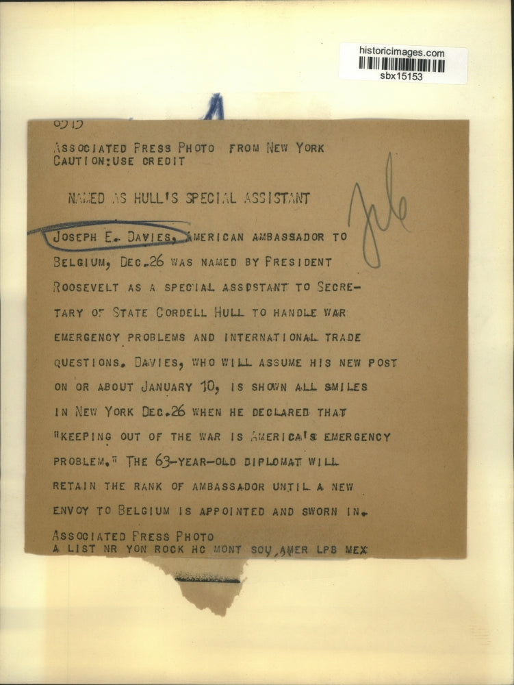 Press Photo Joseph E. Davies named as Cordell Hull's Special Assistant