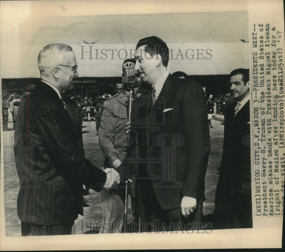 1947 Press Photo President Truman Greets Pres Miguel Aleman For 3-Day Visit