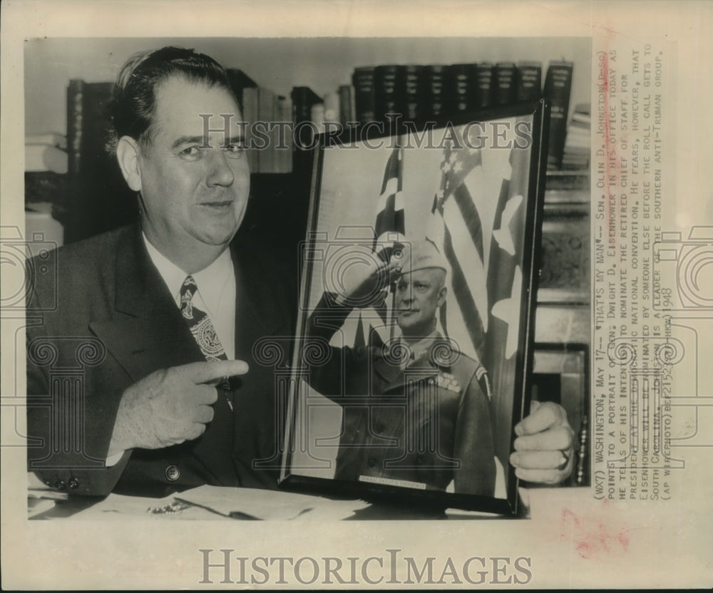 1948 Press Photo Anti-Trumanist Sen. Olin Johnston with portrait of Eisenhower