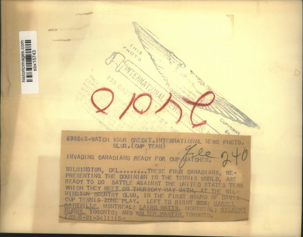 1934 Press Photo Four Canadians Represent Dominion in Tennis World in Wilmington