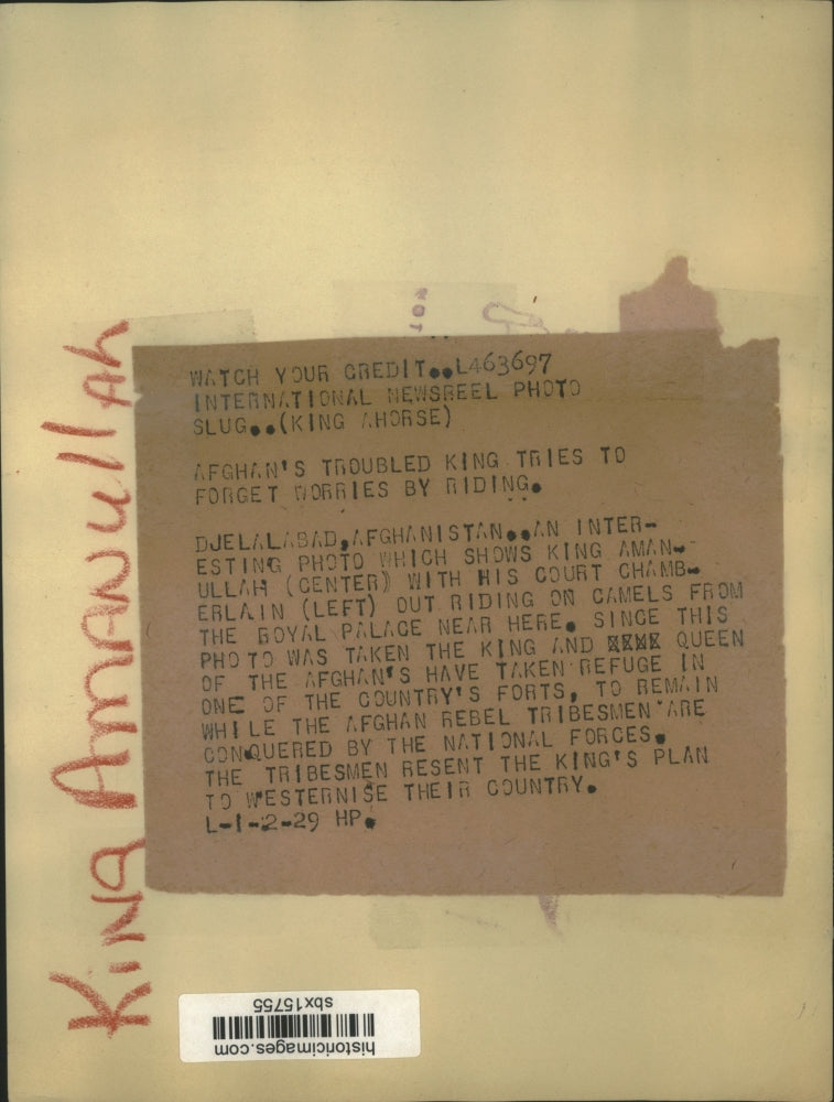 1929 Press Photo King Amanullah and His Court Chamberlain Our Riding Camels