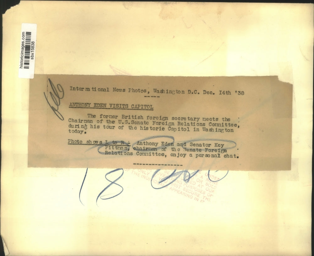 1938 Press Photo Former British Foreign Secretary Meets With Sen Key Pittman