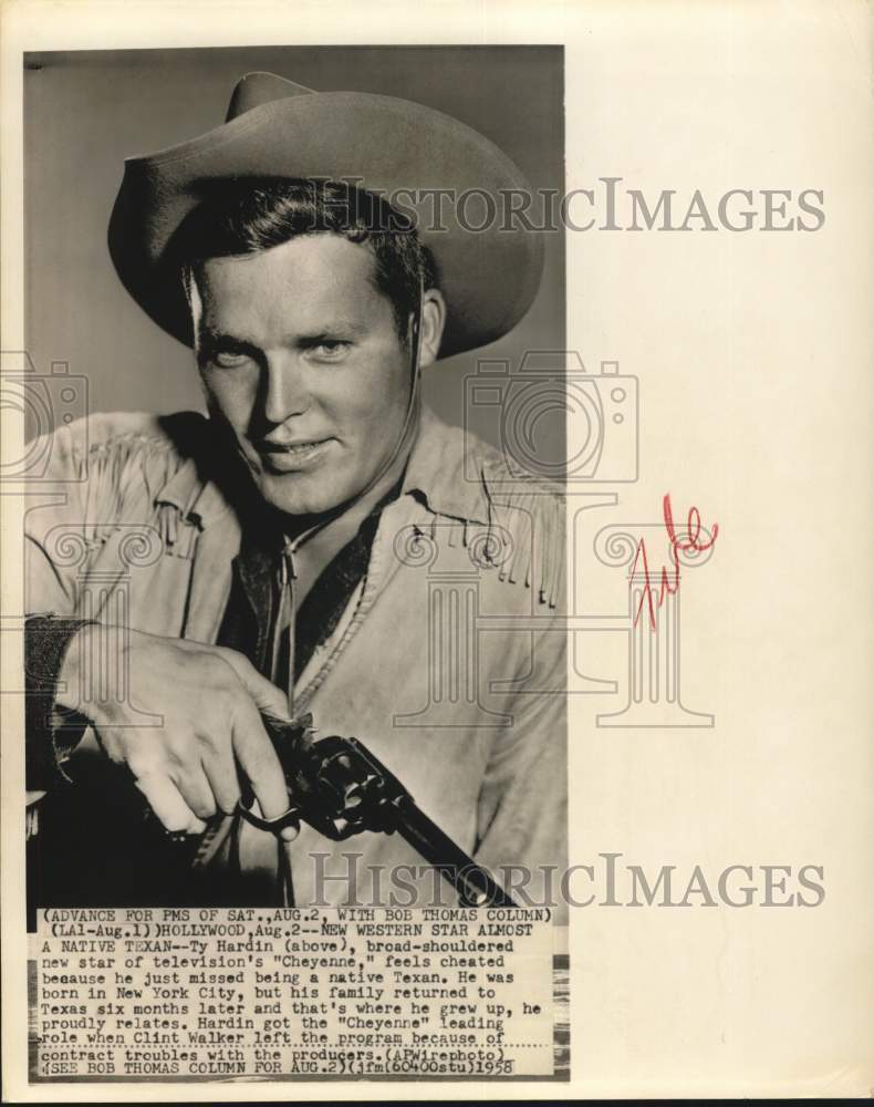 1958 Press Photo Actor Ty Hardin of "Cheyenne" Television Show in Hollywood- Historic Images