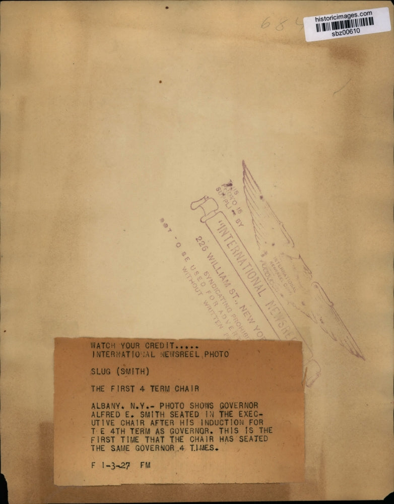 1927 Press Photo Governor Alfred E. Smith seated in the Executive chair