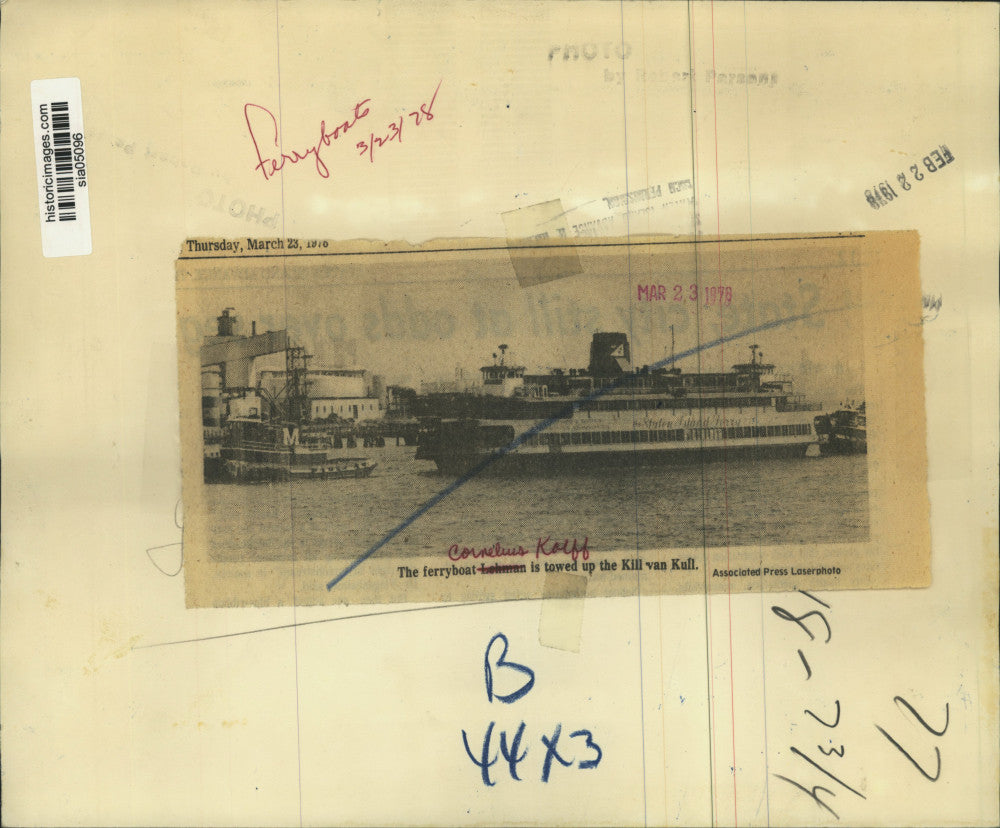 1978 Press Photo The ferryboat Cornelius Kolff is towed in the Kill van Kull