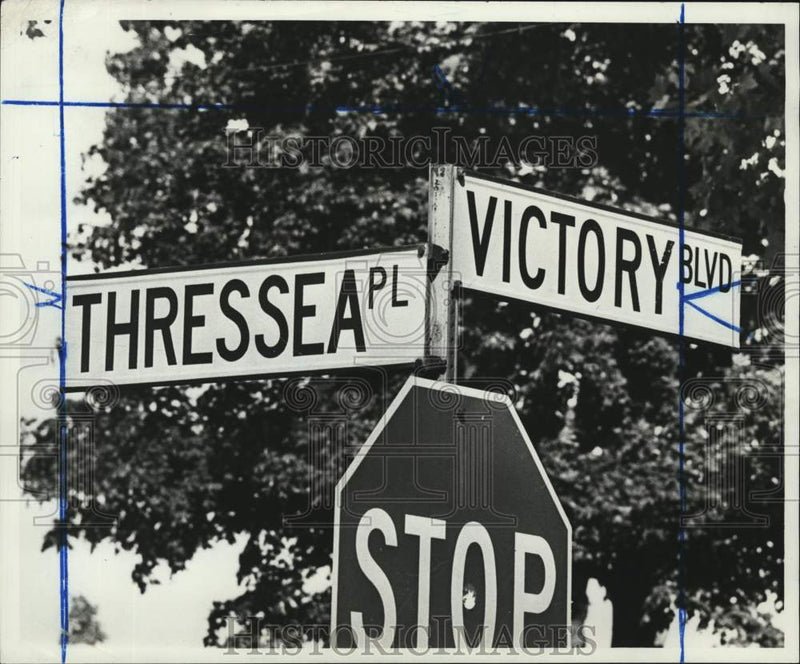 Load image into Gallery viewer, 1974 Press Photo Thressea Place &amp; Victory Boulevard street signs - sia11264
